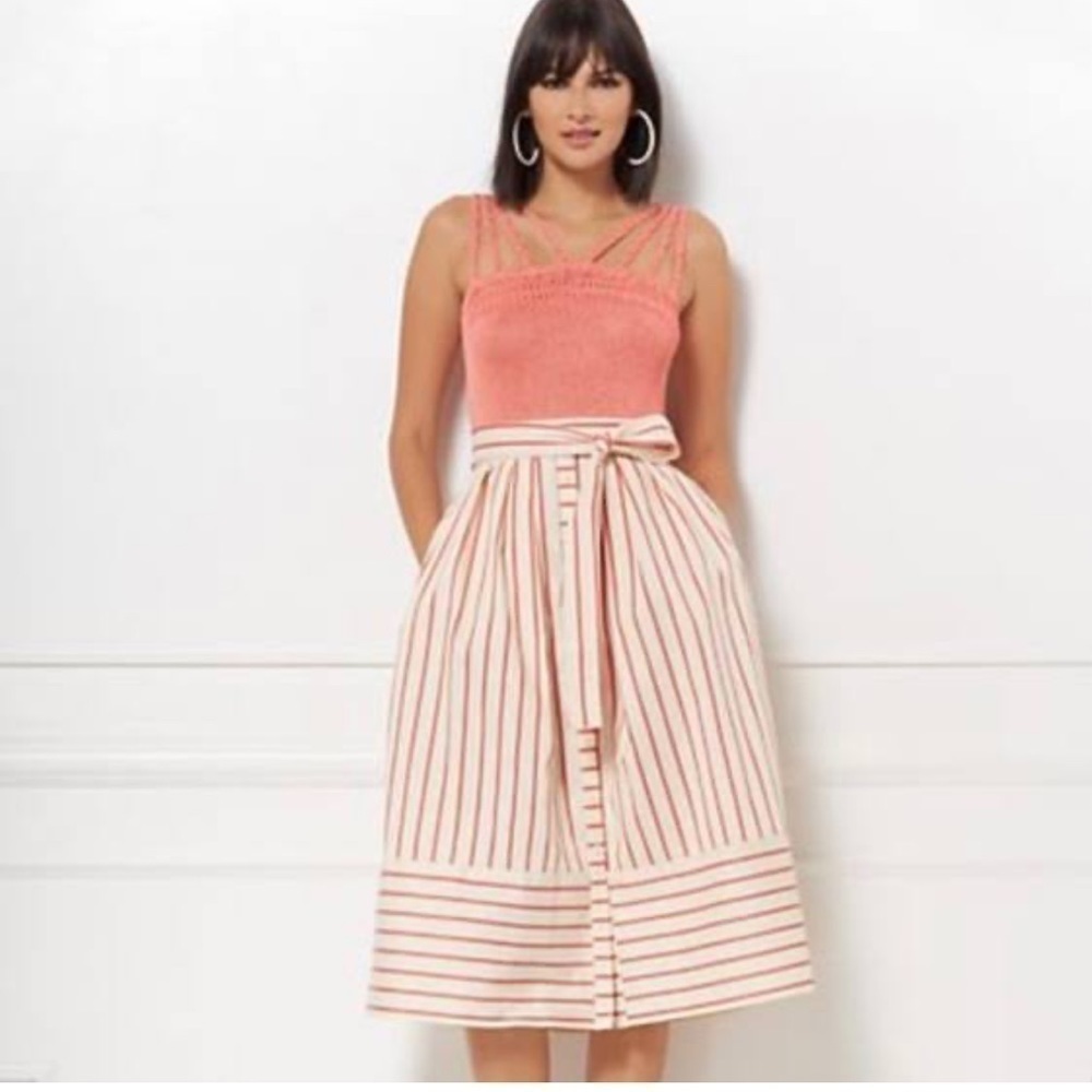 NWT EVA MENDES BEIGE MULTI RED STRIPE TIE WAIST SEMI BUTTON FLARE SKIRT